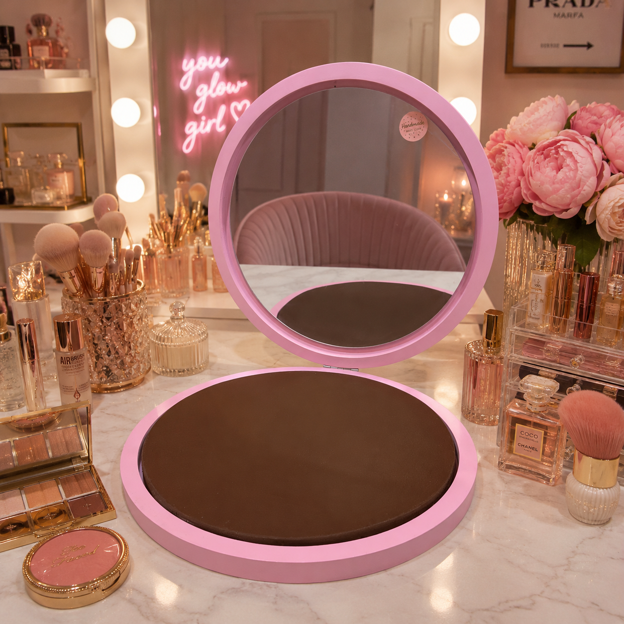 The Giant Pressed Powder Compact Mirror | Customizable | 18” Vanity Wall Mirror | Makeup Mirror | Round Mirror | by Waverly Vienna