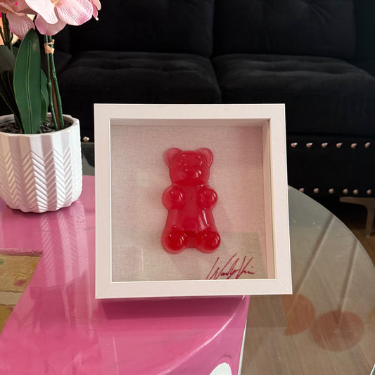 Single Gummy Bear Resin Art | 9"x9" White Glass Shadow Box | by Waverly Vienna
