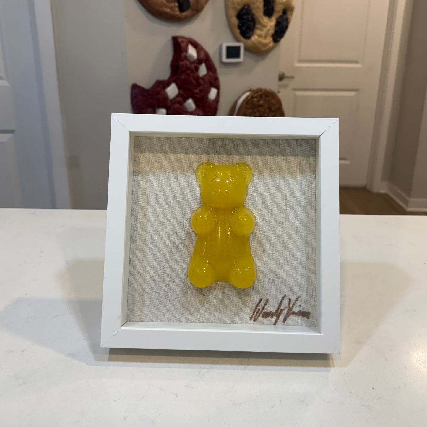 Single Gummy Bear Resin Art | 9"x9" White Glass Shadow Box | by Waverly Vienna