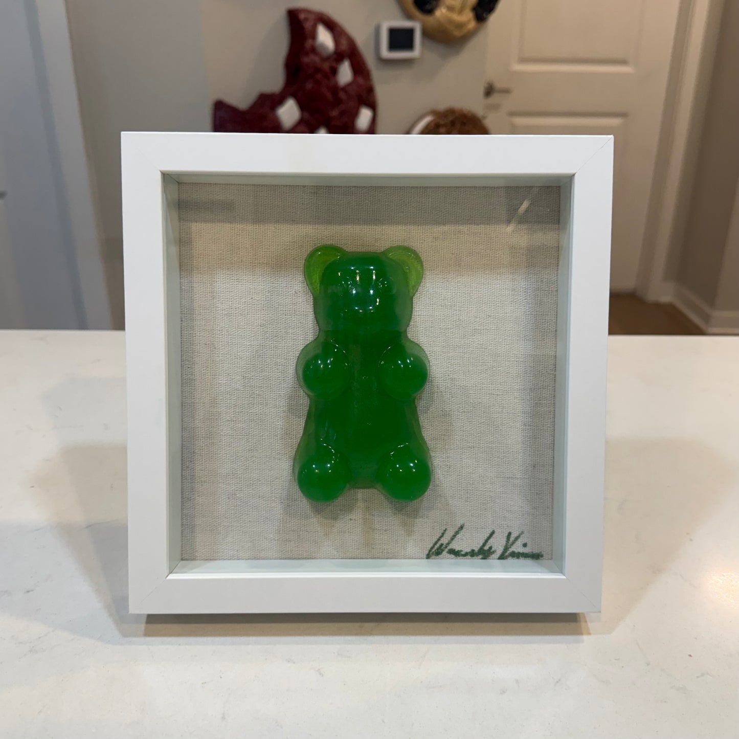 Single Gummy Bear Resin Art | 9"x9" White Glass Shadow Box | by Waverly Vienna