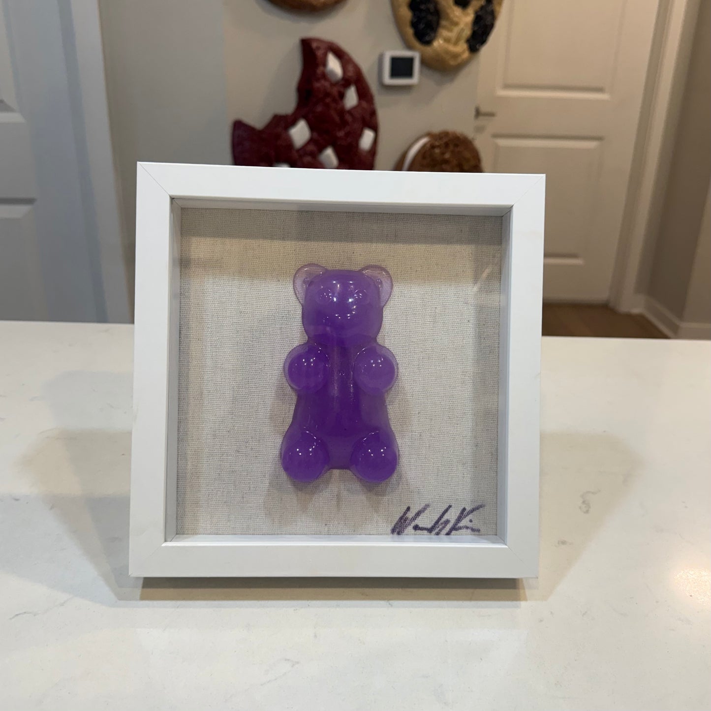 Single Gummy Bear Resin Art | 9"x9" White Glass Shadow Box | by Waverly Vienna