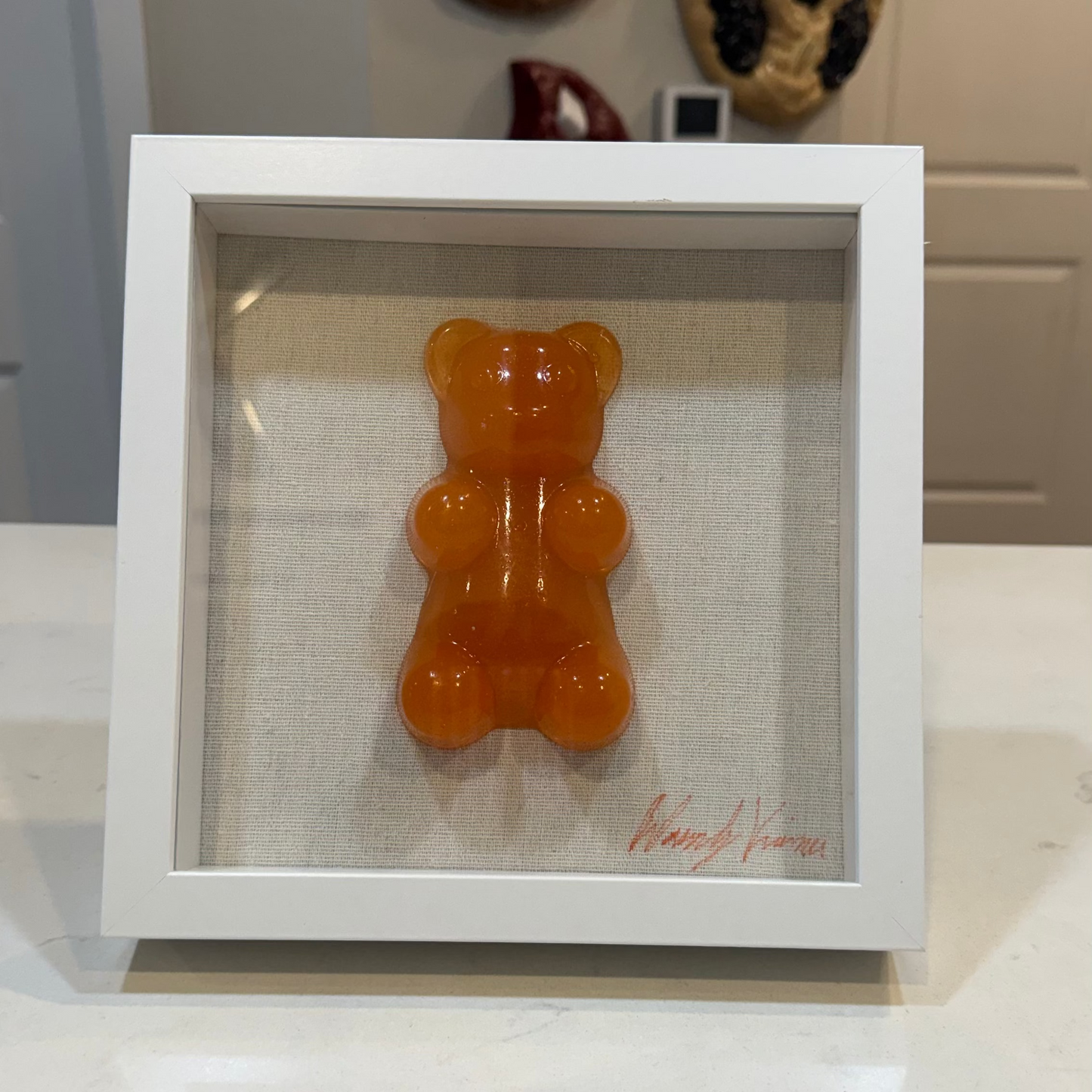 Single Gummy Bear Resin Art | 9"x9" White Glass Shadow Box | by Waverly Vienna