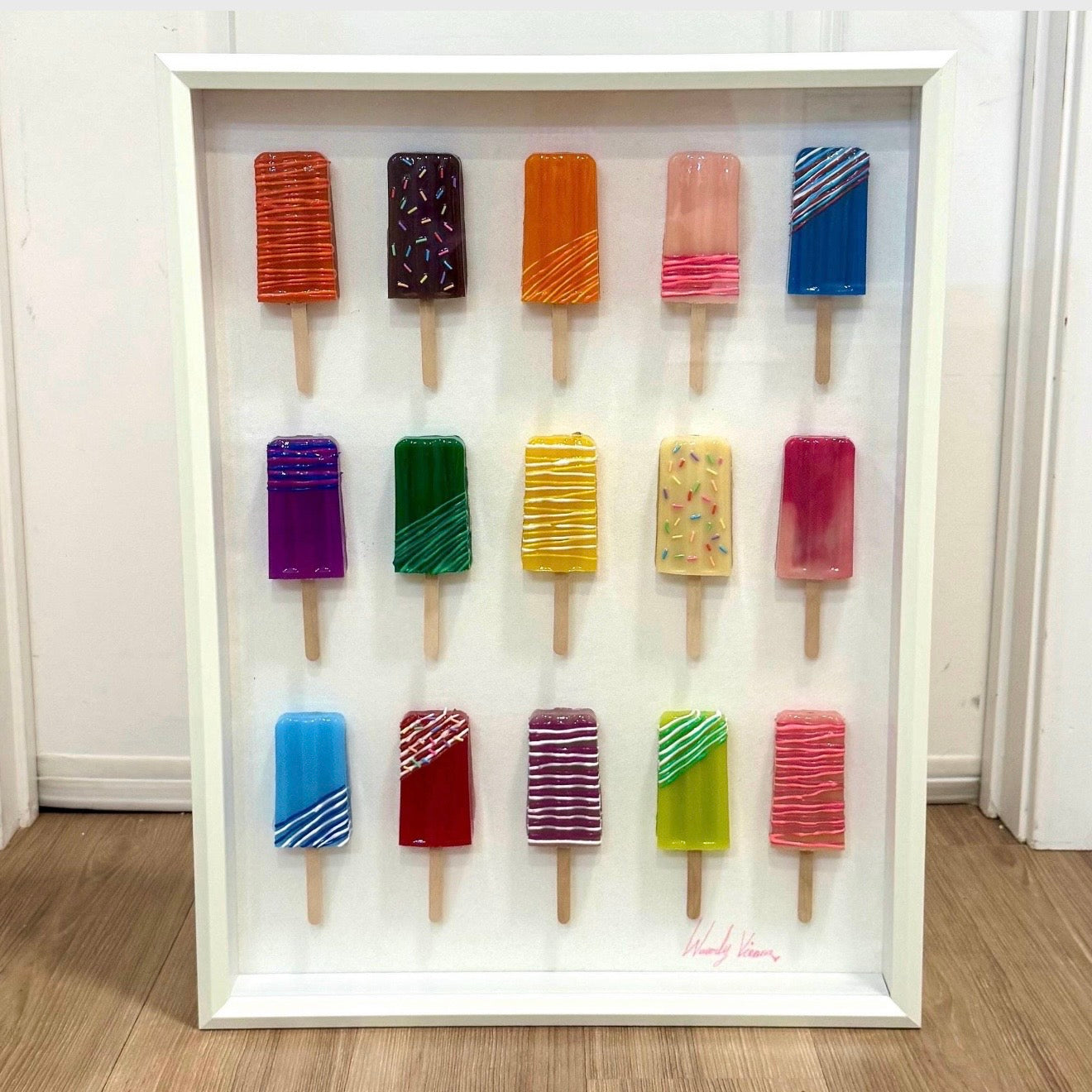 Rainbow Popsicle Art Work | Glass Framed | Resin Art | by Waverly Vienna